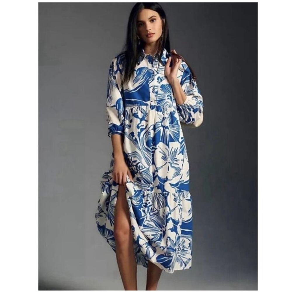 Anthropologie Blue and White Floral Maxi Dress